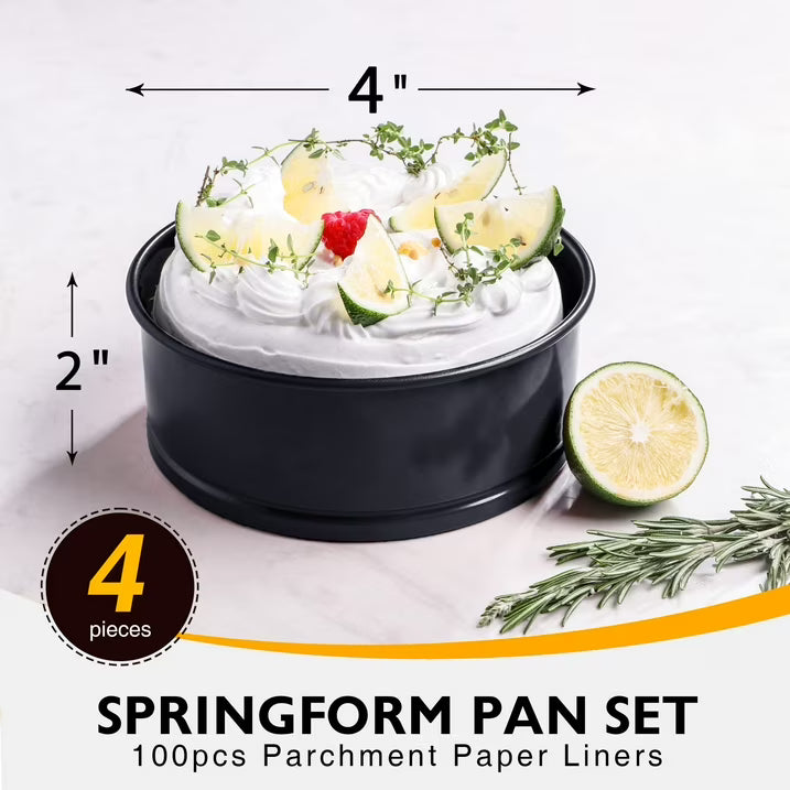 HONGBAKE 4 Inch Springform Pans, Mini Cheesecake Pans with 100 Pcs Parchment Paper Liners, Nonstick Round Cake Pan with Leakproof Removable Bottom for Pizzas, Quiches, 4 Pieces - Dark Grey