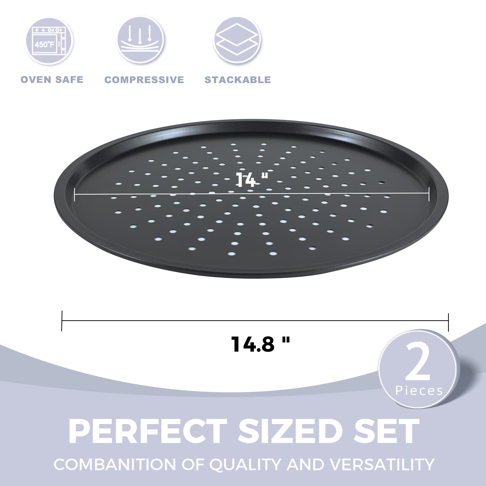 HONGBAKE 14 Inch Pizza Pan for Baking, 2 Pack Non-Stick Non-Stick Pizza Tray for Oven, Carbon Steel Perforated Crispy Pizza pan with Holes, Round Baking Pan for Frozen & Homemade Pizza, Grey