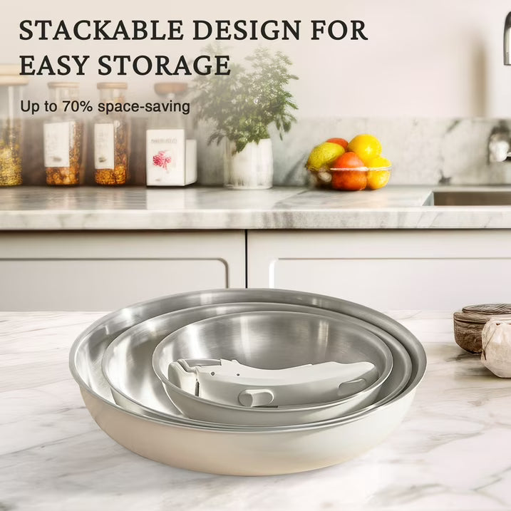 Kitexpert Stainless Steel Frying Pan Set, 8" 10" 12" Nonstick Skillet Pans with Removable Handle, Tri-Ply Cookware, Dishwasher & Oven Safe, Induction Compatible, Beige