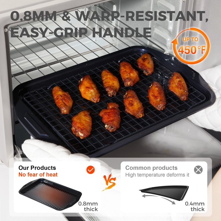HONGBAKE 9-Piece Non Stick Bakeware Sets with Wave Texture for Reduced Grease, 0.8mm Thick Non Toxic Baking Pans Set, Includes Stackable Cookie Sheets for Oven Cooking, Shimmer Blue