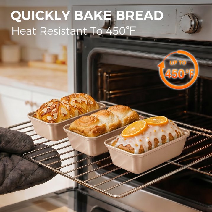 HONGBAKE 3 Pack Nonstick Mini Loaf Pans, 6 x 3.3 x 2 Inch Small Bread Pans for Homemade Bread, Banana Small Baking Pans with Diamond Texture, Non-toxic Mini Meatloaf Pans Set, Champagne Gold
