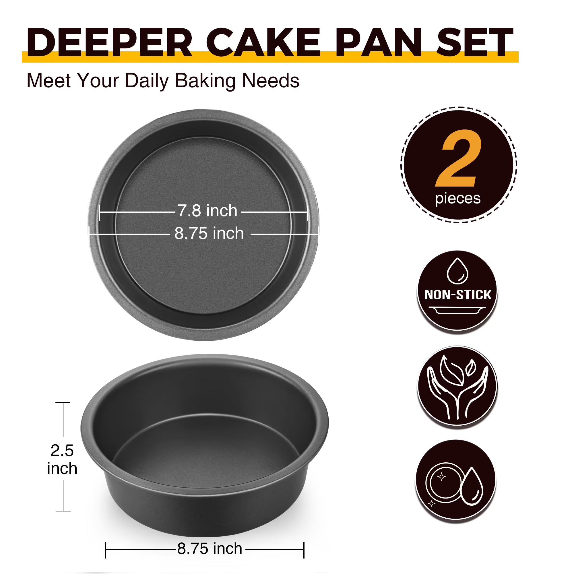 HONGBAKE 8 Inch Round Cake Pans for Baking, Nonstick Baking Pans, 2 Pieces Circle Cake Mold with Wider Grips, Huty Duty, Dishwasher Safe - Grey