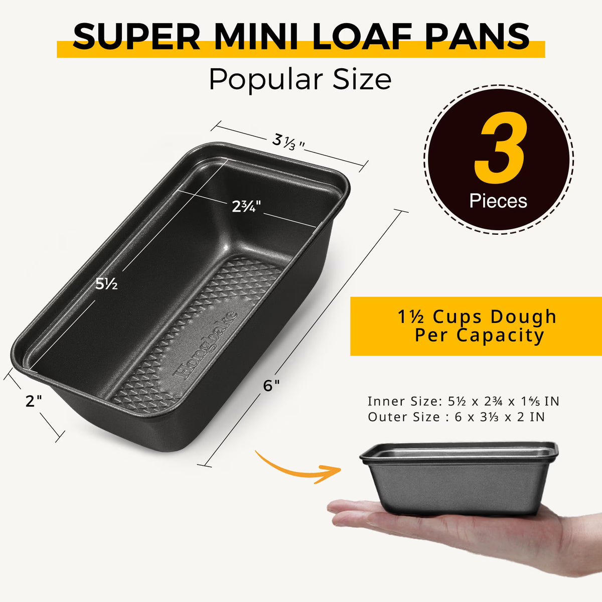 HONGBAKE 3 Pack Super Mini Loaf Pans for Baking, Nonstick Small Bread Pans with Diamond-Texture, 6 x 3.2 x 2 In Tiny Carbon Steel Small Baking Pans, Heavy Duty Small Banana Bread Loaf Pans, Grey