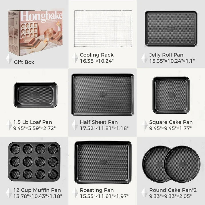 HONGBAKE 9-Piece Baking Pans Set Nonstick, Stackable Non Toxic Bakeware Sets with Diamond Texture, Oven Pan Set for Cooking, Includes Cookie Sheet with Rack, Cake Pan, Roasting Pan, Muffin Pan, Grey