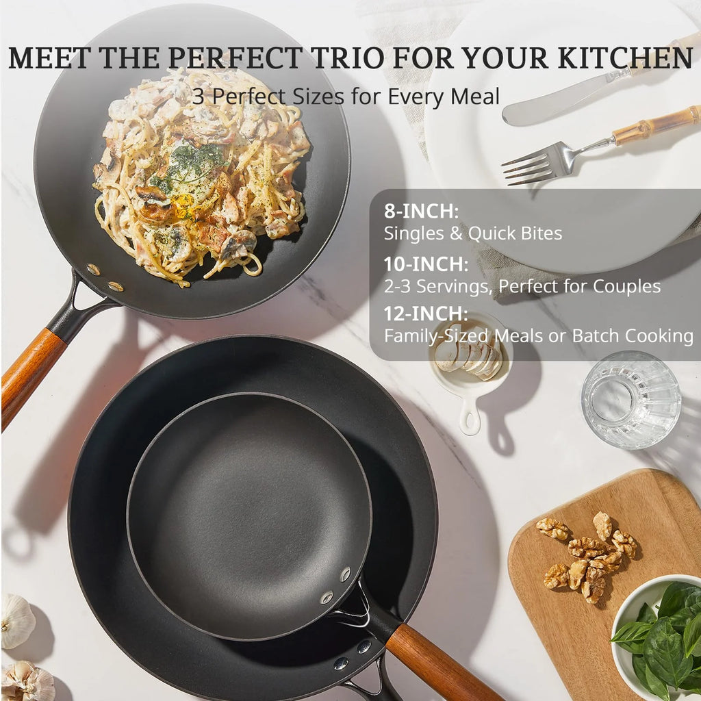 KITESSENSU Enameled Cast Iron Skillets, Non Stick Frying Pans Set with Durable Wooden Handle, 8&10&12 Inch Cast Iron Pans for Multi-Cooking, Pre Seasoned Cookware Set - Gradual Burgundy Red