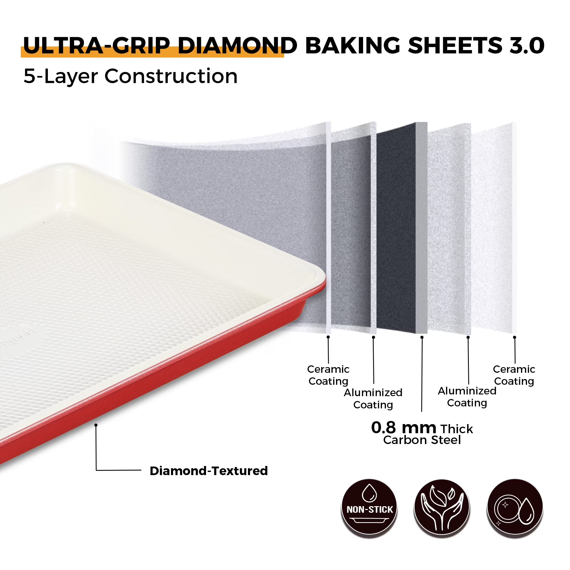 HONGBAKE Ceramic Cookie Sheets Nonstick Sets, Non-Toxic Baking Pan, Cookie Sheets for Baking with Diamond Texture Pattern, 0.8mm Aluminized Stee Baking Sheet Pans for oven, Ceramic Cream & Red