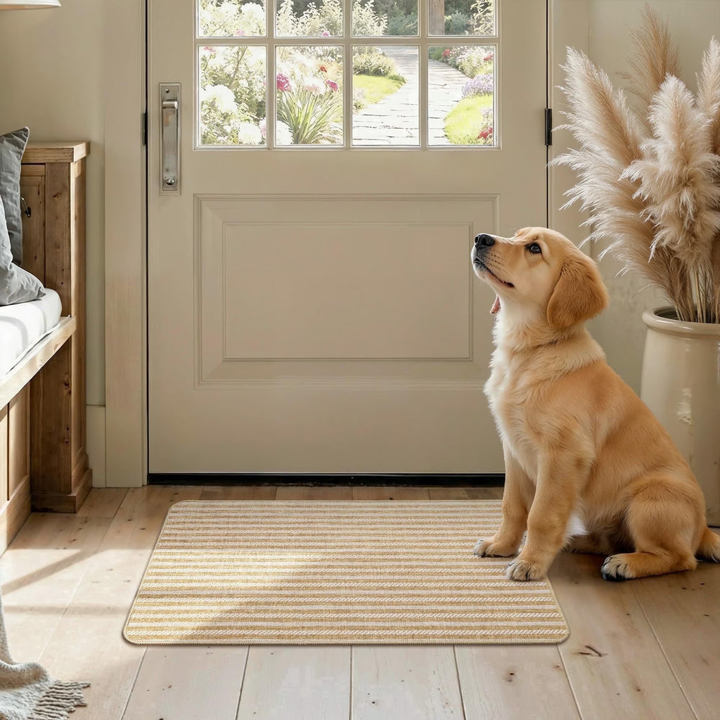 MatEssenz Washable Indoor Doormat 17"x29.5", Low Profile Entryway Rug with Non-Slip Rubber Backing, Striped Woven Faux Linen Front Door Mat, Pet Friendly Dirt Trapper, Khaki