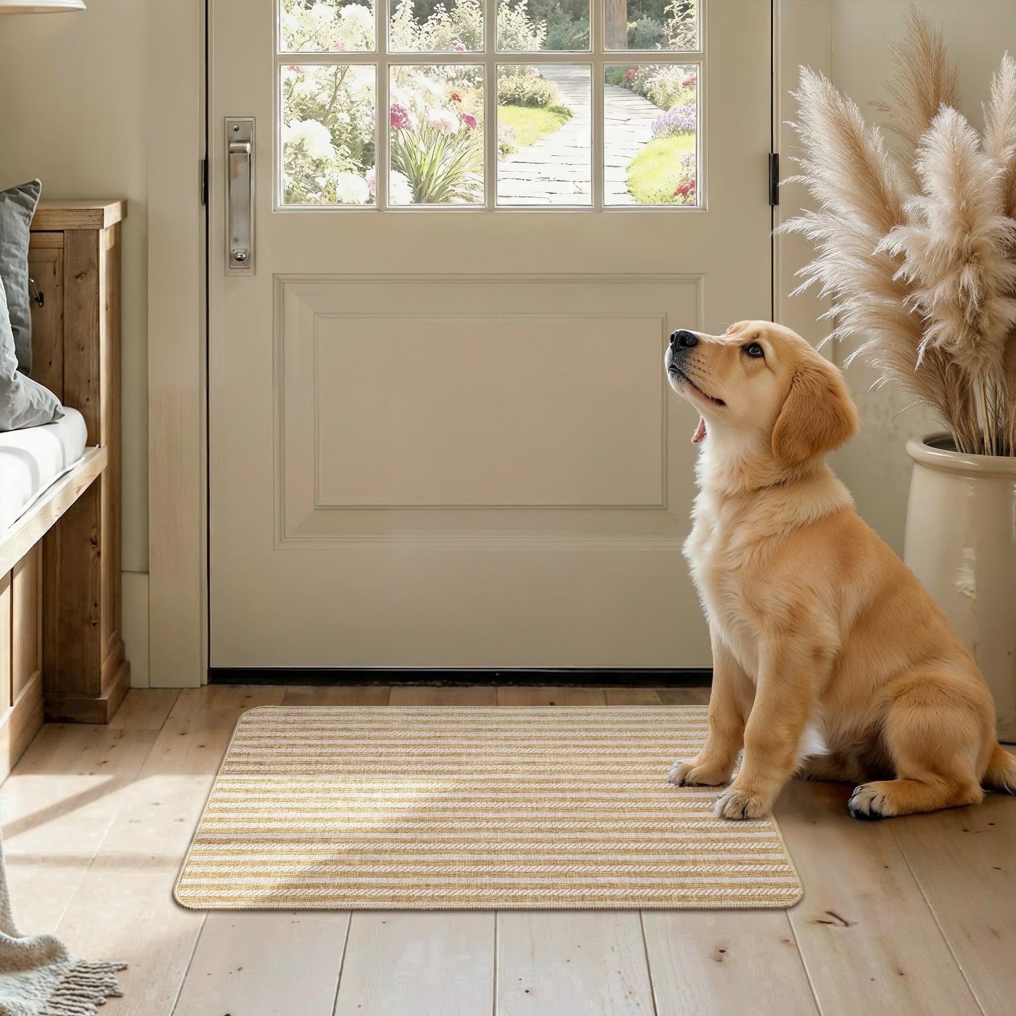 MatEssenz Washable Indoor Doormat 17"x29.5", Low Profile Entryway Rug with Non-Slip Rubber Backing, Striped Woven Faux Linen Front Door Mat, Pet Friendly Dirt Trapper, Khaki