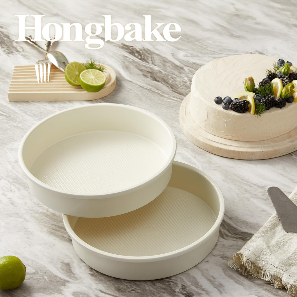 HONGBAKE 9 Inch Round Cake Pan Set of 2, Nonstick Ceramic Coating Cake Molds with Diamond Texture, Aluminized Steel Cake Pans Sets for Baking & Cheesecake, Heavy Duty & Non-Toxic (Cream, 2PCS)