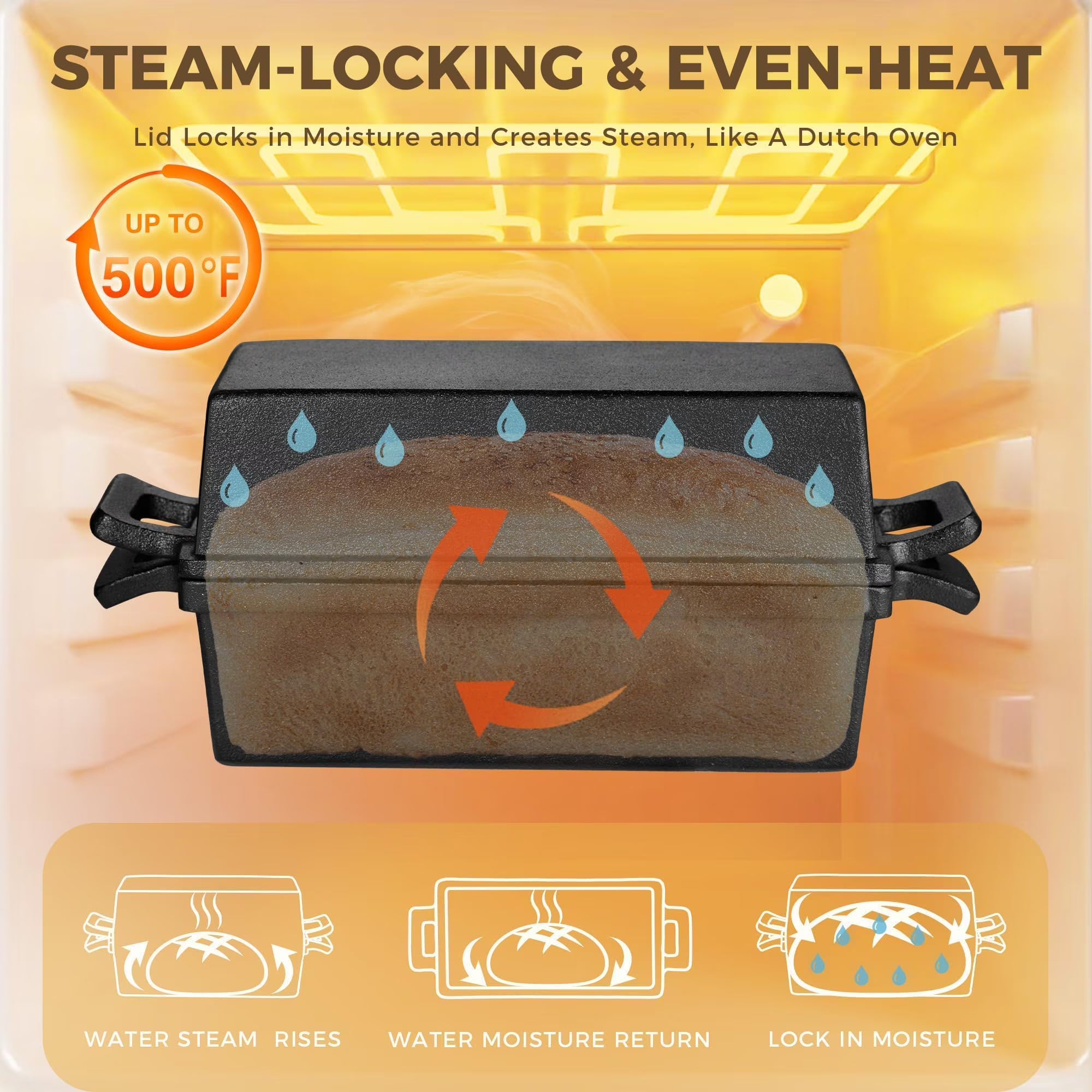 HONGBAKE 2 in 1 Cast Iron Bread Pan with oven mitts, Lid, Lid Lever, 9x5 Loaf Pans for Homemade Bread, Sourdough Baking Pan, Pre-Seasoned Nonstick Rectangular Dutch Oven, Banana Bread Tins, Black