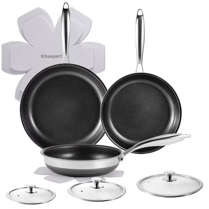 KITEXPERT Nonstick Frying Pans Set, 6 Pcs (8, 10, 12") Skillet with Lid, Non-Toxic Titanium Ceramic Pan, Dishwasher & Oven Safe, All Cooktops Compatible