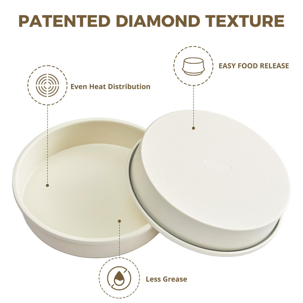 HONGBAKE 9 Inch Round Cake Pan Set of 2, Nonstick Ceramic Coating Cake Molds with Diamond Texture, Aluminized Steel Cake Pans Sets for Baking & Cheesecake, Heavy Duty & Non-Toxic (Cream, 2PCS)