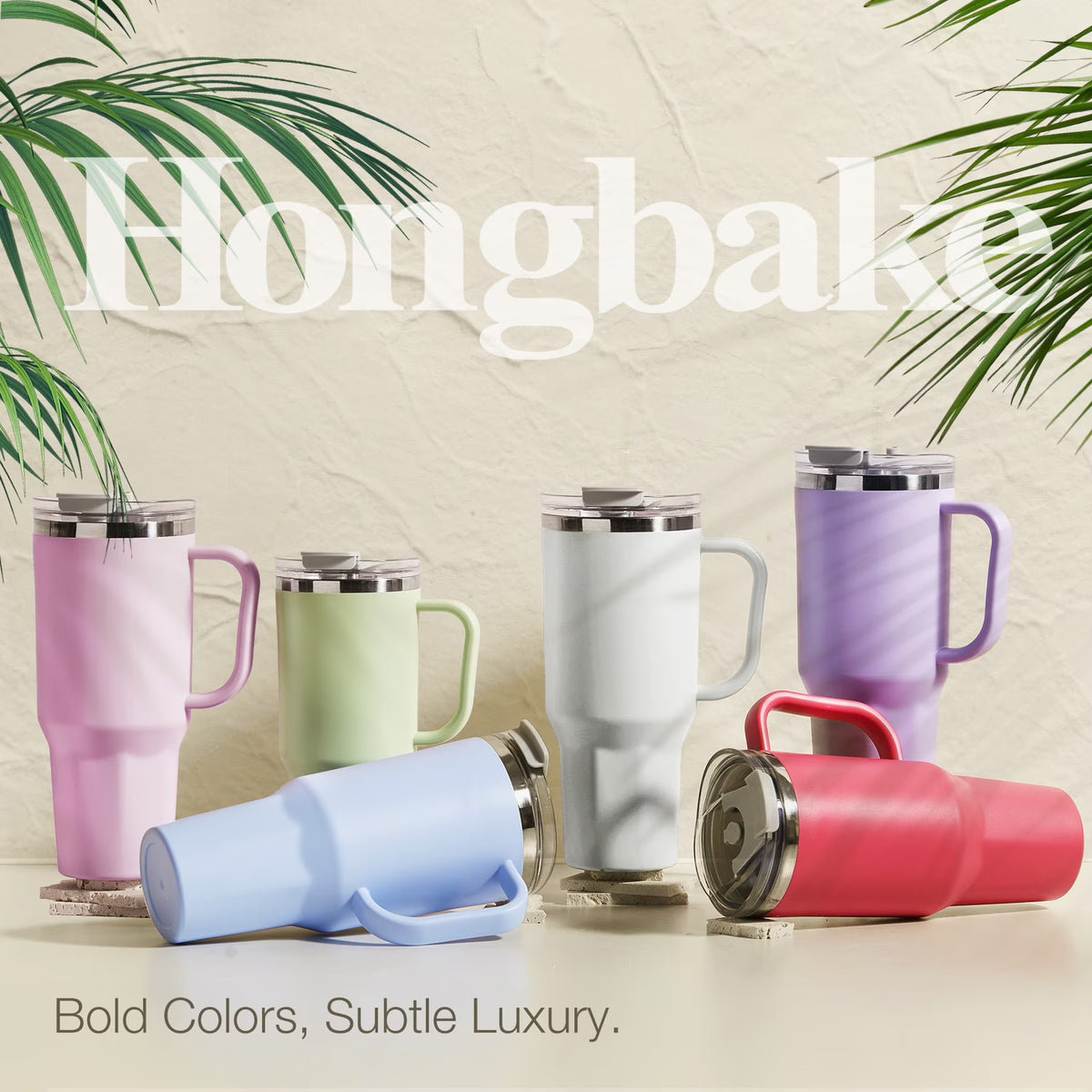 HONGBAKE 40 oz Tumbler with Handle and Straw Lid, Insulated Stainless Steel Tumbler, Travel Mug Fits Cup Holder, Powder Blue