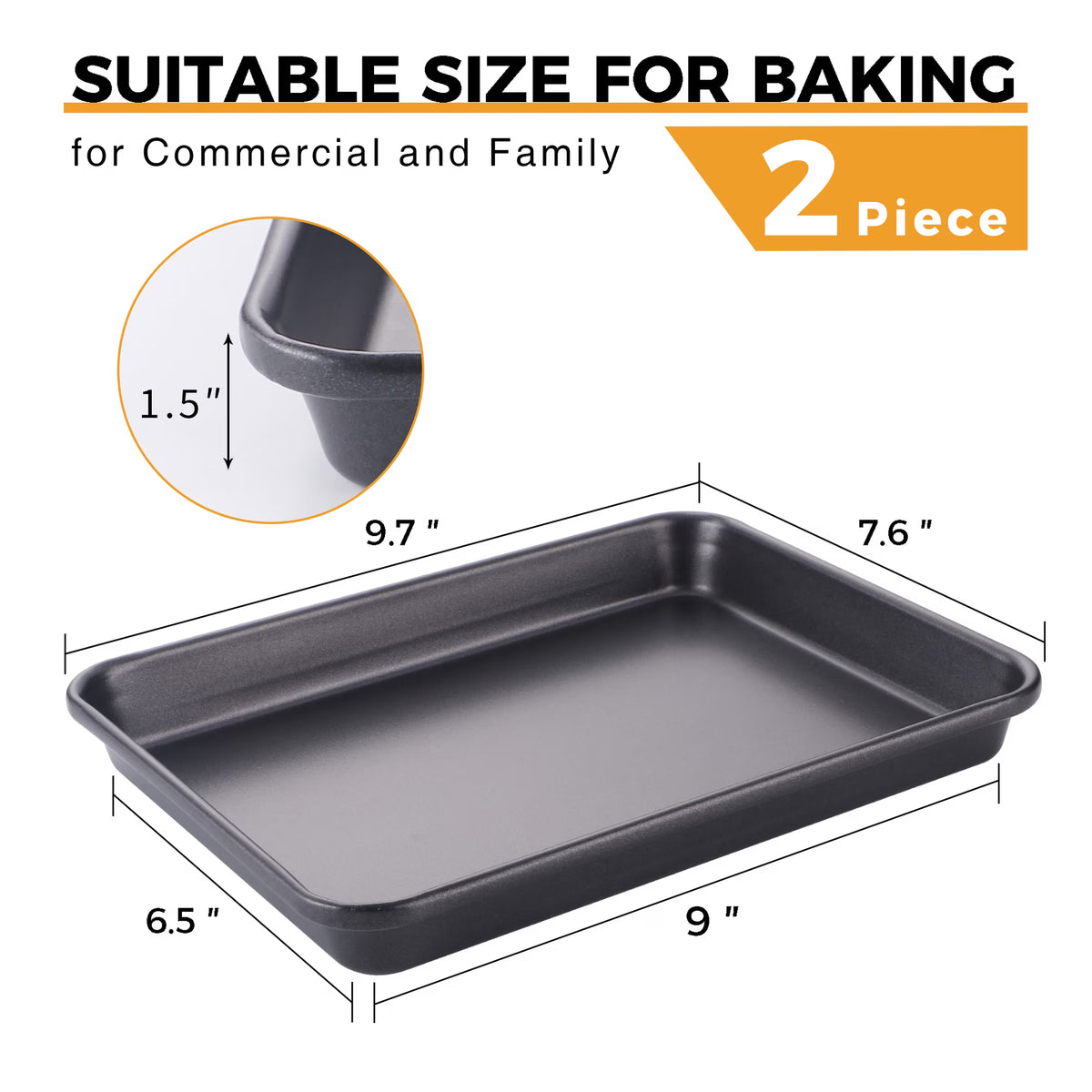 HONGBAKE 2 Pack 9.7"X7.6" Small Cookie Sheet, 57% Thicker Nonstick 1/8 Toaster Oven Pans, Heavy Duty Cookie Sheet Pan Set, Baking Sheet, Black