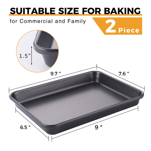 HONGBAKE 2 Pack 9.7"X7.6" Small Cookie Sheet, 57% Thicker Nonstick 1/8 Toaster Oven Pans, Heavy Duty Cookie Sheet Pan Set, Baking Sheet, Black
