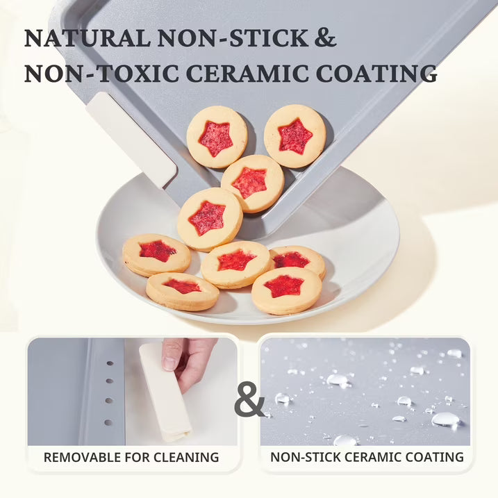 HONGBAKE Non Toxic Ceramic Cookie Sheets for Baking, 3-piece Non Stick Baking Sheet Pans for Oven, Heavy Duty Aluminized Steel Baking Pans Set with Silicone Handles -Cream