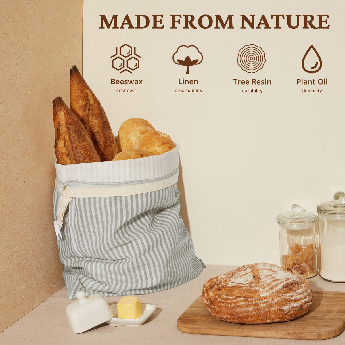 Hongbake Reusable Beeswax Bread Bags with Zipper, 2-Pack Beeswax Wrap for Food, Large 17x12.6in Waxed Bread Bags for Homemade Bread & Sourdough, Grey