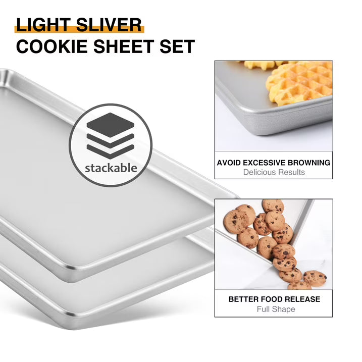 HONGBAKE 2 Pack Half Sheet Pan Set, Nonstick Cookie Sheets for Baking, 17.5 x 12 Inch Baking Sheet Pans, Heavy Duty Carbon Steel, Silver