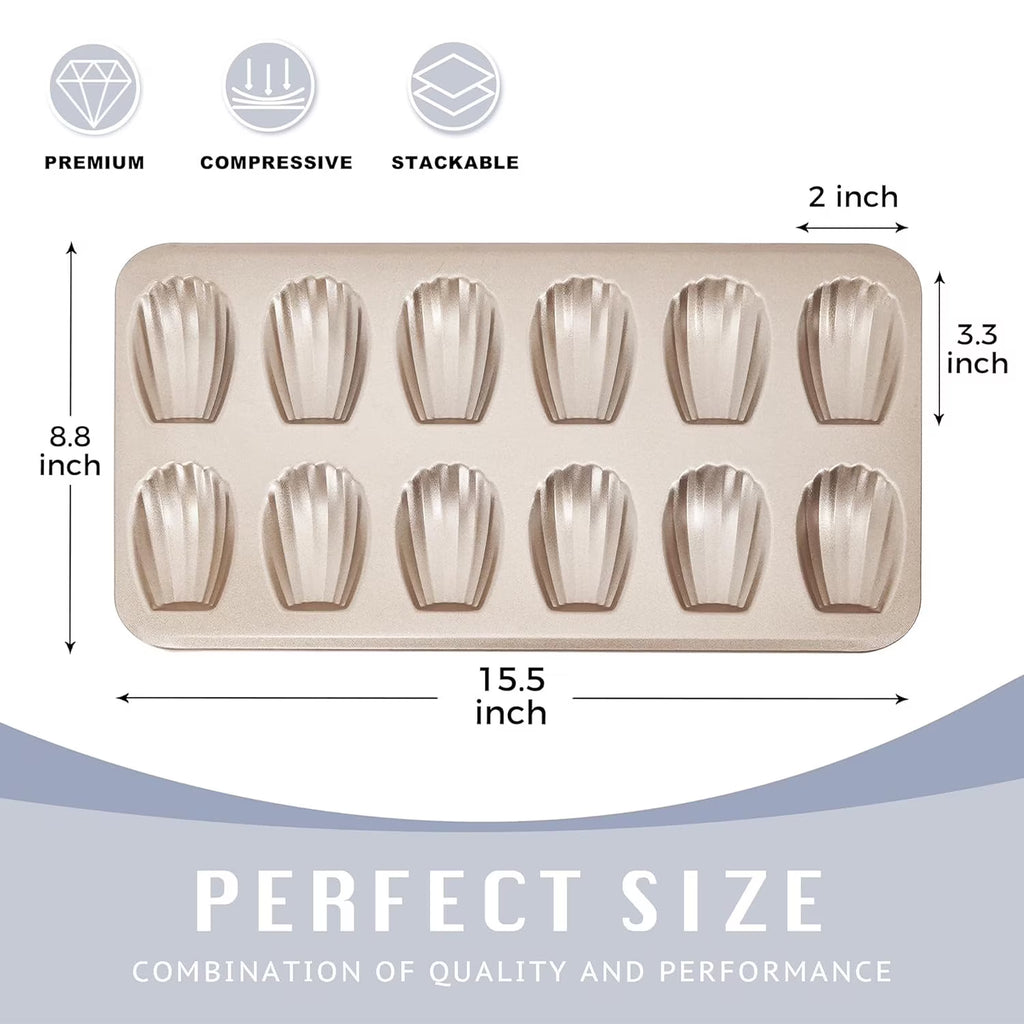HONGBAKE Nonstick Madeleine Pan for Baking, 2 Pack 12-Cavity Shell Shape Madeleine Cooking Pan, Heavy Duty Carbon Steel Madeleine Mold, Champagne Gold