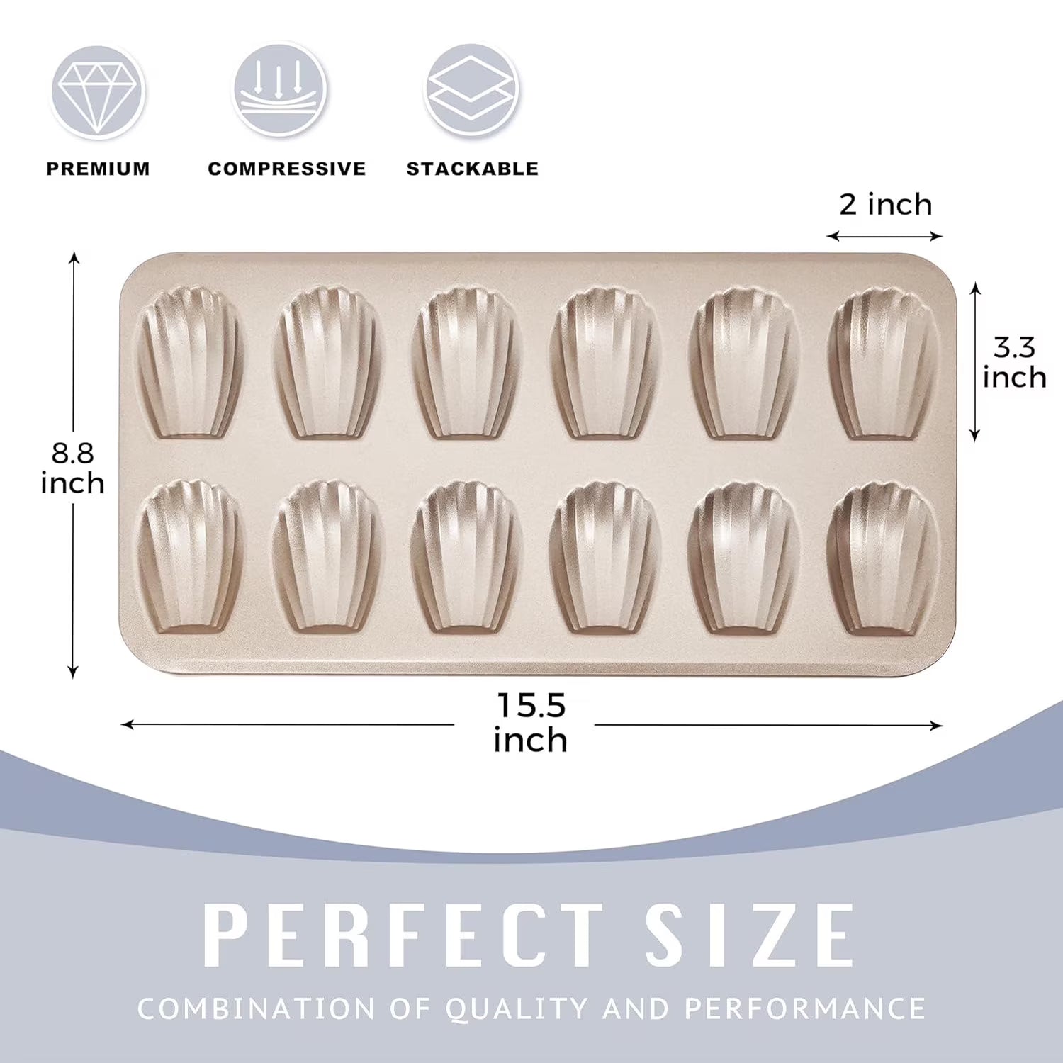 HONGBAKE Nonstick Madeleine Pan for Baking, 2 Pack 12-Cavity Shell Shape Madeleine Cooking Pan, Heavy Duty Carbon Steel Madeleine Mold, Champagne Gold