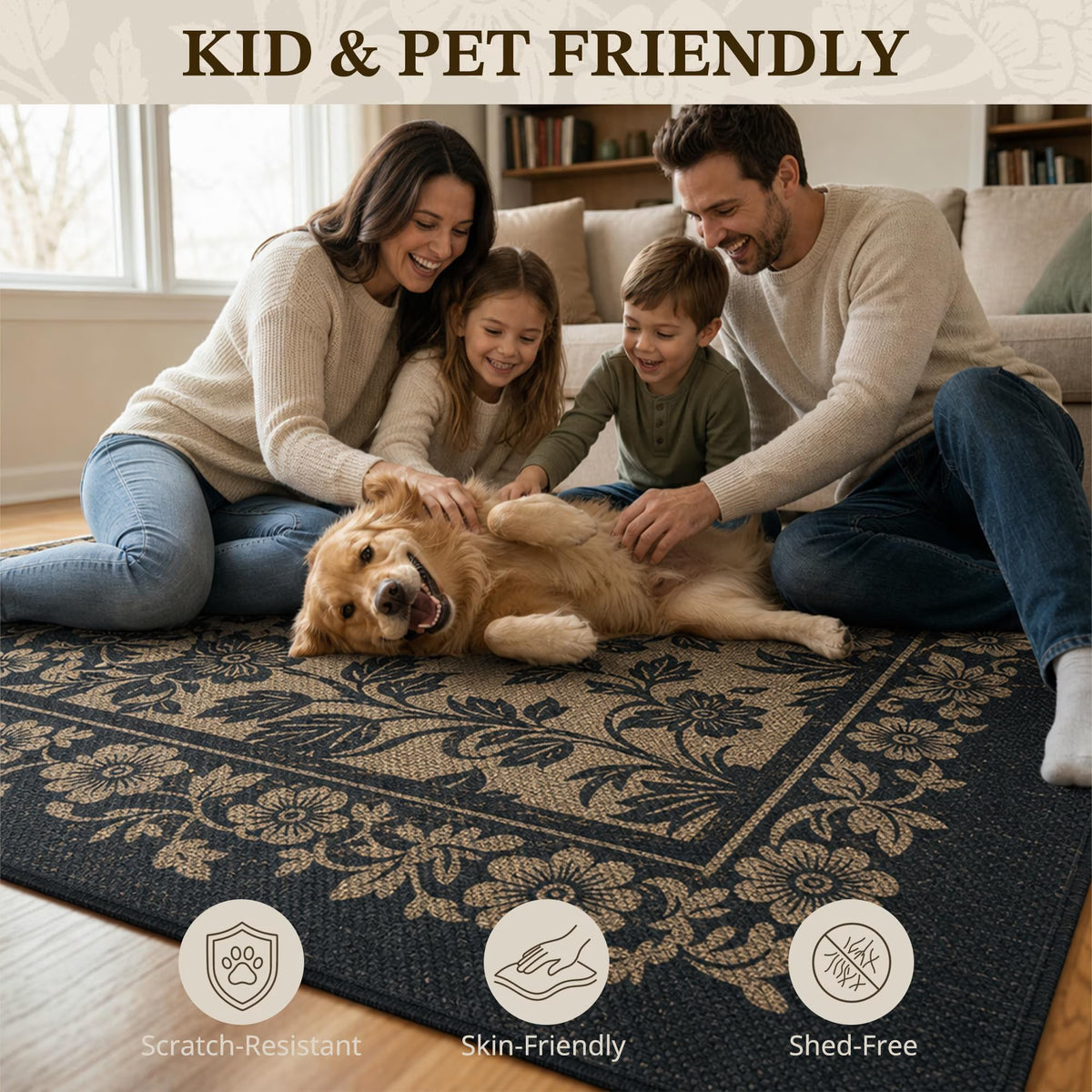 MatEssenz Washable Area Rug 2'x3', Non-Slip Low-Pile Entryway Kitchen Rug, Absorbent Pet-Friendly Vintage Floral, Black/Tan