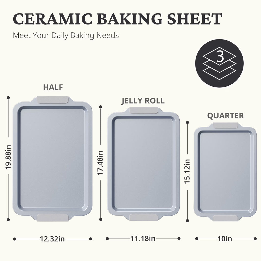HONGBAKE Non Toxic Ceramic Cookie Sheets for Baking, 3-piece Non Stick Baking Sheet Pans for Oven, Heavy Duty Aluminized Steel Baking Pans Set with Silicone Handles -Gray