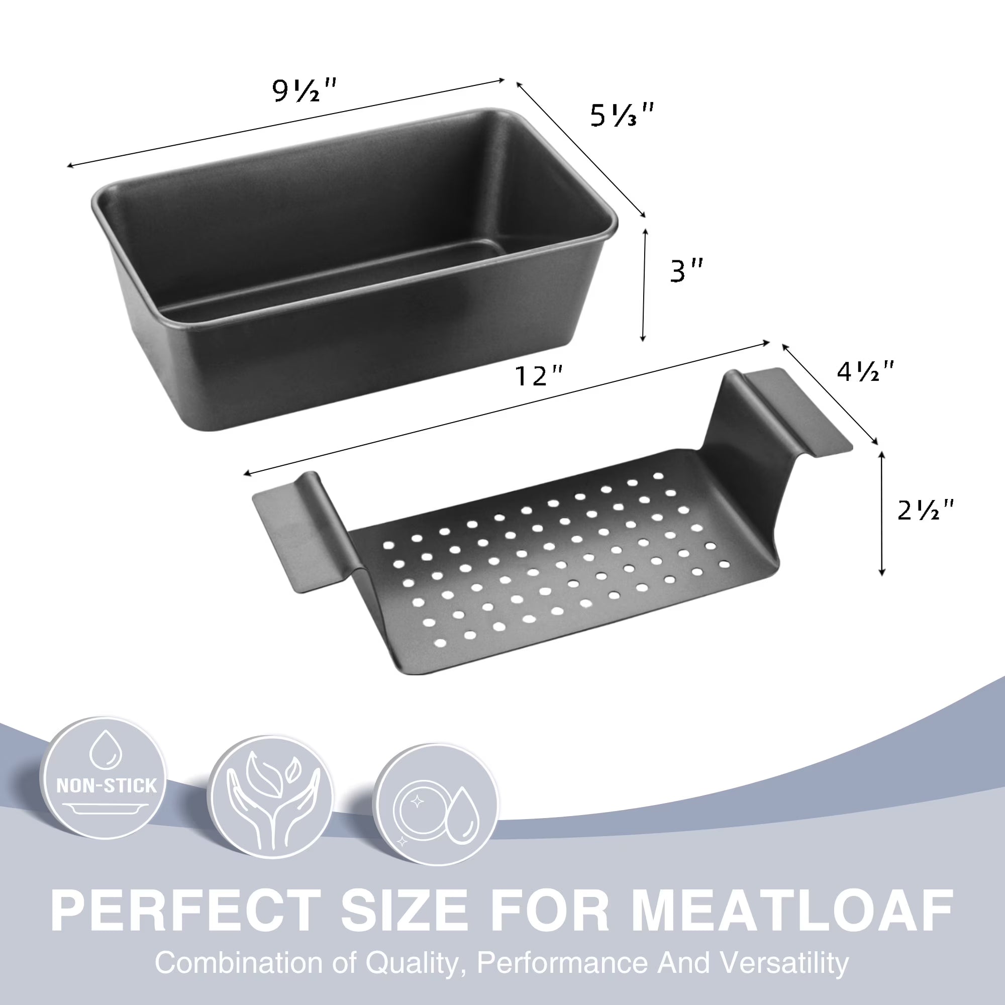 HONGBAKE 2-in-1 Meatloaf Pan with Drainer, Nonstick Loaf Pans with Strainer, 9"x 5" Meat Loaf for Baking, Reduce the Fat and Kick Up the Flavor, Grey
