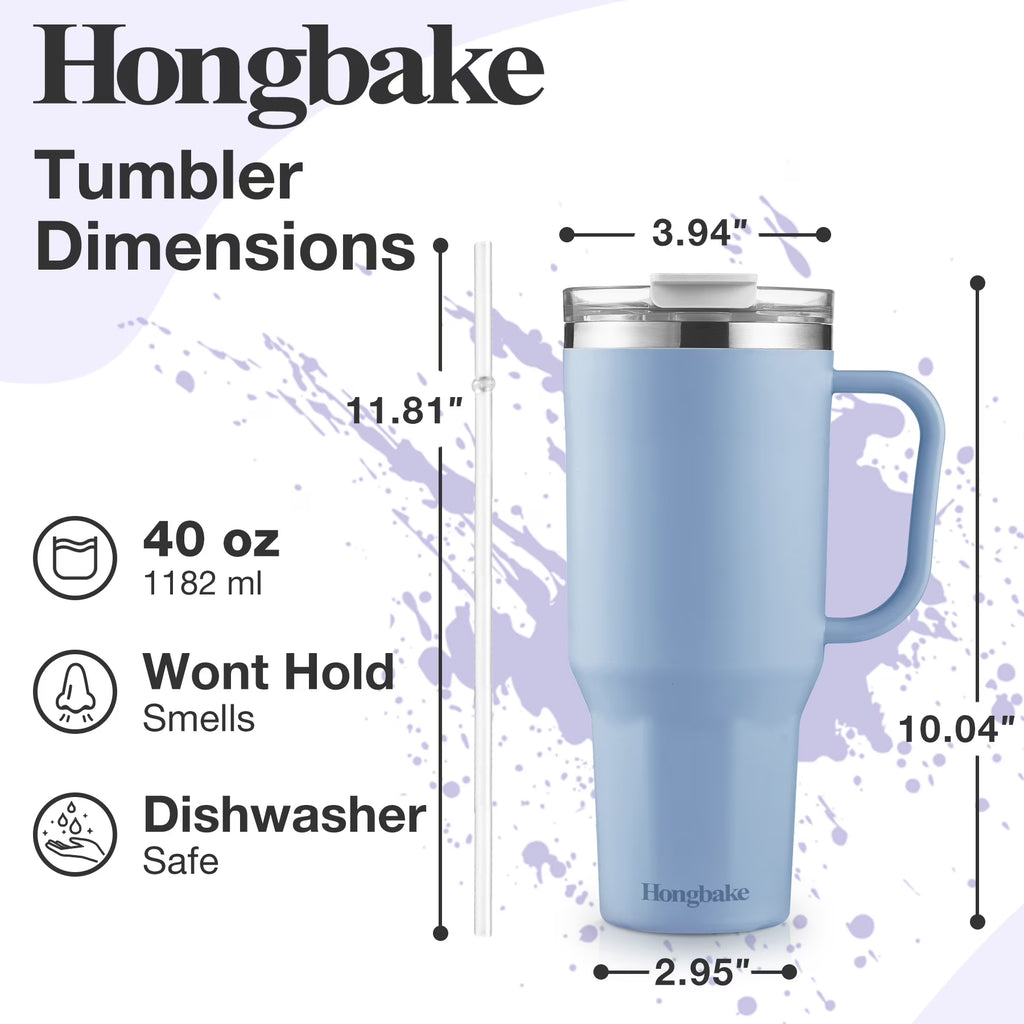 HONGBAKE 40 oz Tumbler with Handle and Straw Lid, Insulated Stainless Steel Tumbler, Travel Mug Fits Cup Holder, Powder Blue