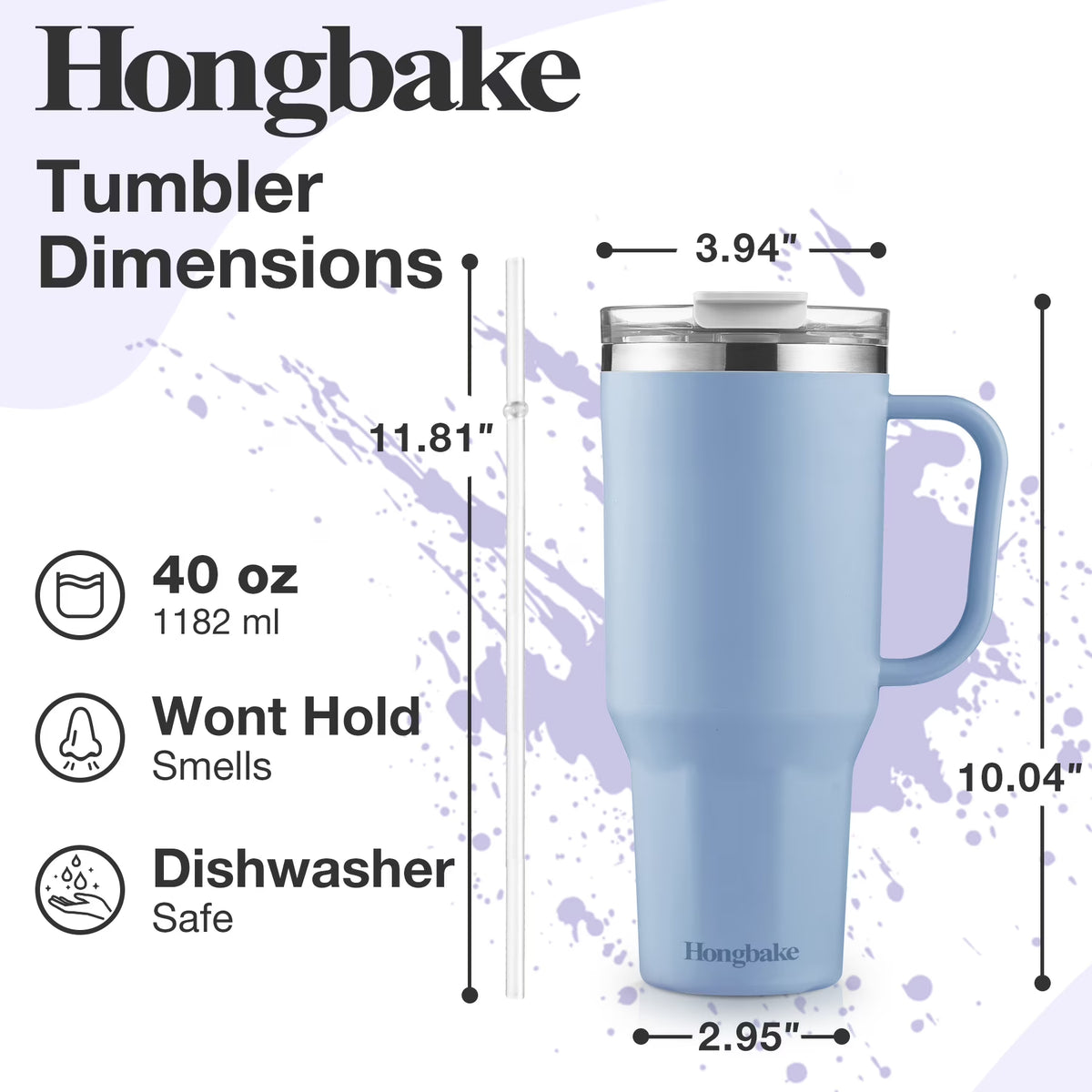 HONGBAKE 40 oz Tumbler with Handle and Straw Lid, Insulated Stainless Steel Tumbler, Travel Mug Fits Cup Holder, Powder Blue