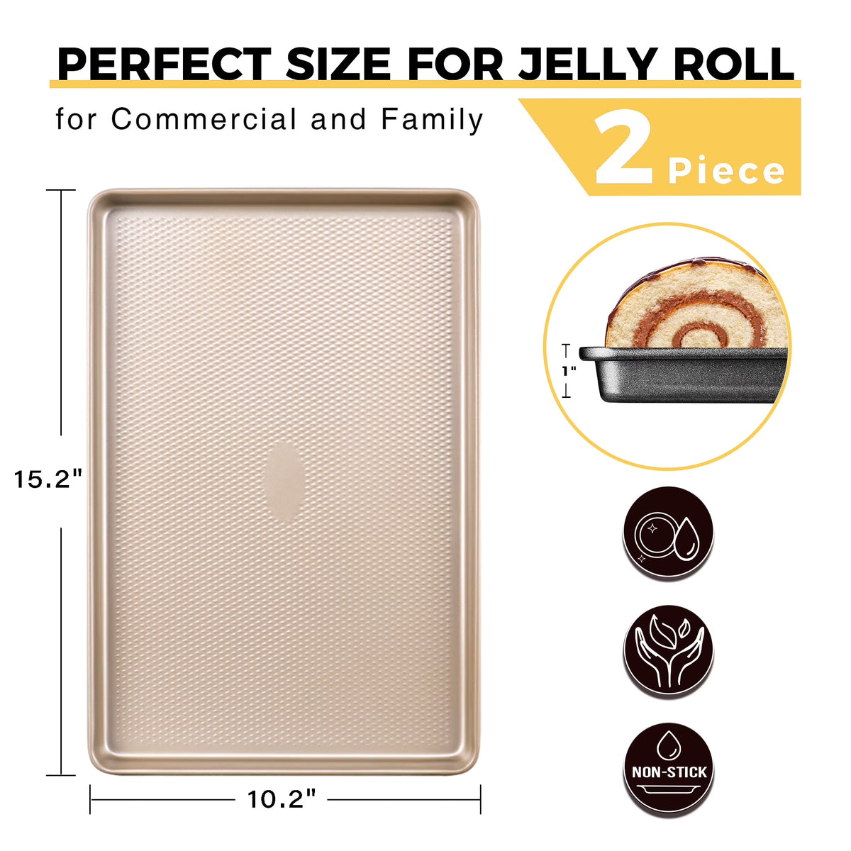 HONGBAKE Jelly Roll Pan 15x10 with Diamond Texture, 2 Pack Cookie Sheet for Baking, Non Stick Baking Sheet Pan for Oven, Heavy Duty Baking Trays Non Toxic, 57% Thicker Carbon Steel, Gold