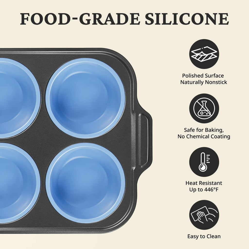 HONGBAKE Silicone Muffin Pan with Metal Frame, Jumbo 3.5 Inch Muffin Tin for Cupcakes, Egg Bites & Muffins, Nonstick, Blue