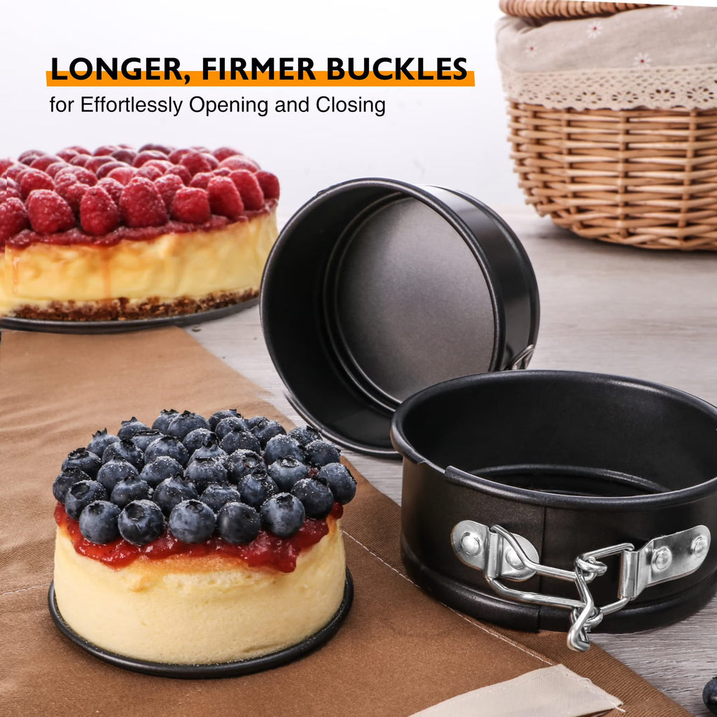 HONGBAKE 4 Inch Springform Pans, Mini Cheesecake Pans with 100 Pcs Parchment Paper Liners, Nonstick Round Cake Pan with Leakproof Removable Bottom for Pizzas, Quiches, 4 Pieces - Dark Grey