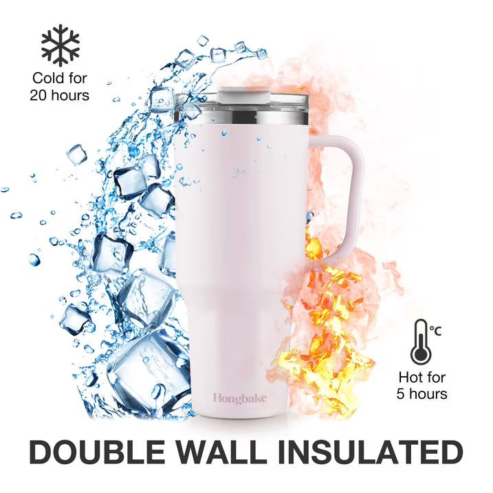 HONGBAKE 40oz Stainless Steel Tumbler with Handle & Straw Lid, Vacuum Insulated Tumbler, Light Pink