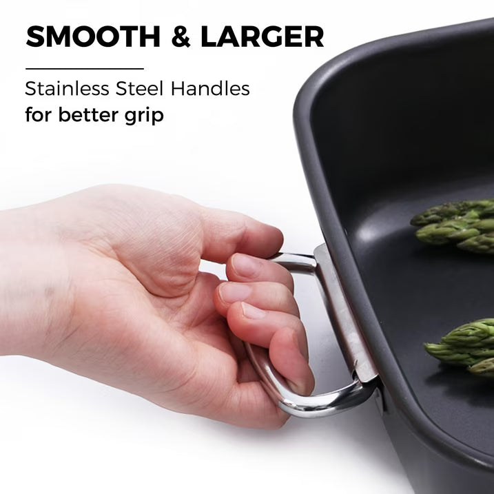 HONGBAKE Nonstick Lasagna Pan 3 Inch Deep, 9x13 Baking Pan, Rectangular Sheet Cake Pan, Roasting Pan for Oven with Stainless Steel Handles, Dishwarsher Safe, Dark Grey