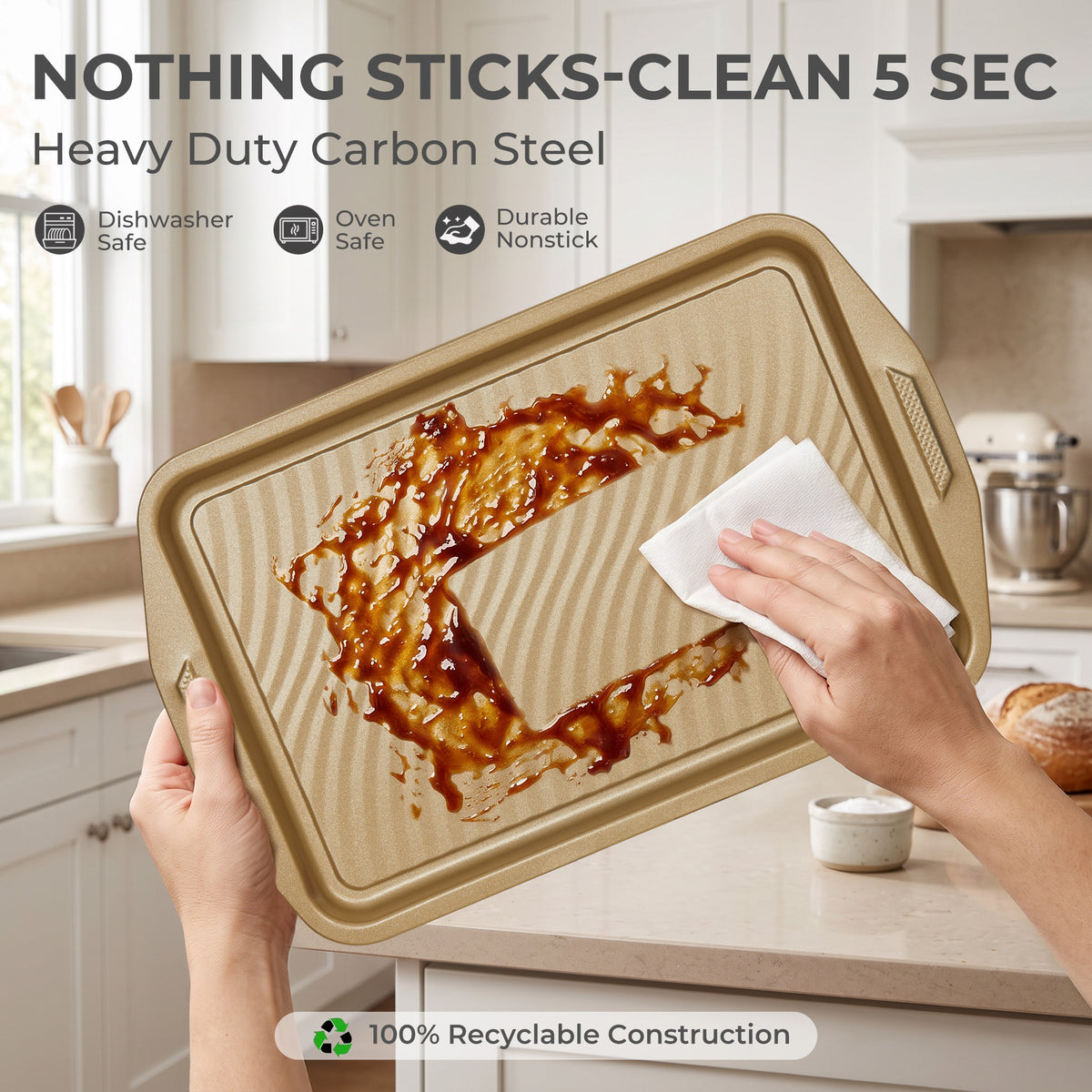 HONGBAKE 34-Piece Non Stick Bakeware Sets with Wave Texture for Reduced Grease, 0.8mm Thick Non Toxic Baking Pans Set, Includes Stackable Cookie Sheets for Oven, Gold