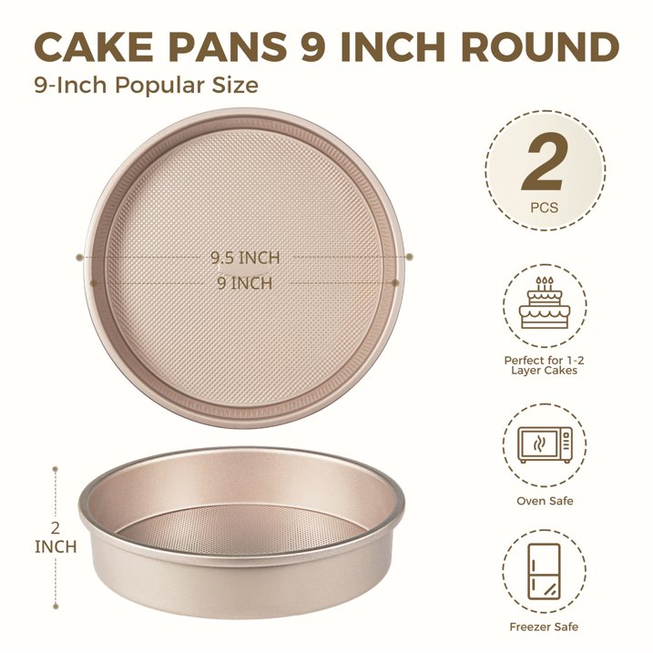 HONGBAKE 9 Inch Round Cake Pan Set of 2, Nonstick Ceramic Cake Pans for Baking, Diamond Texture Aluminized Steel Bakeware, Heavy Duty Round Cake Pans for Cheesecake & Layer Cakes (Gold)