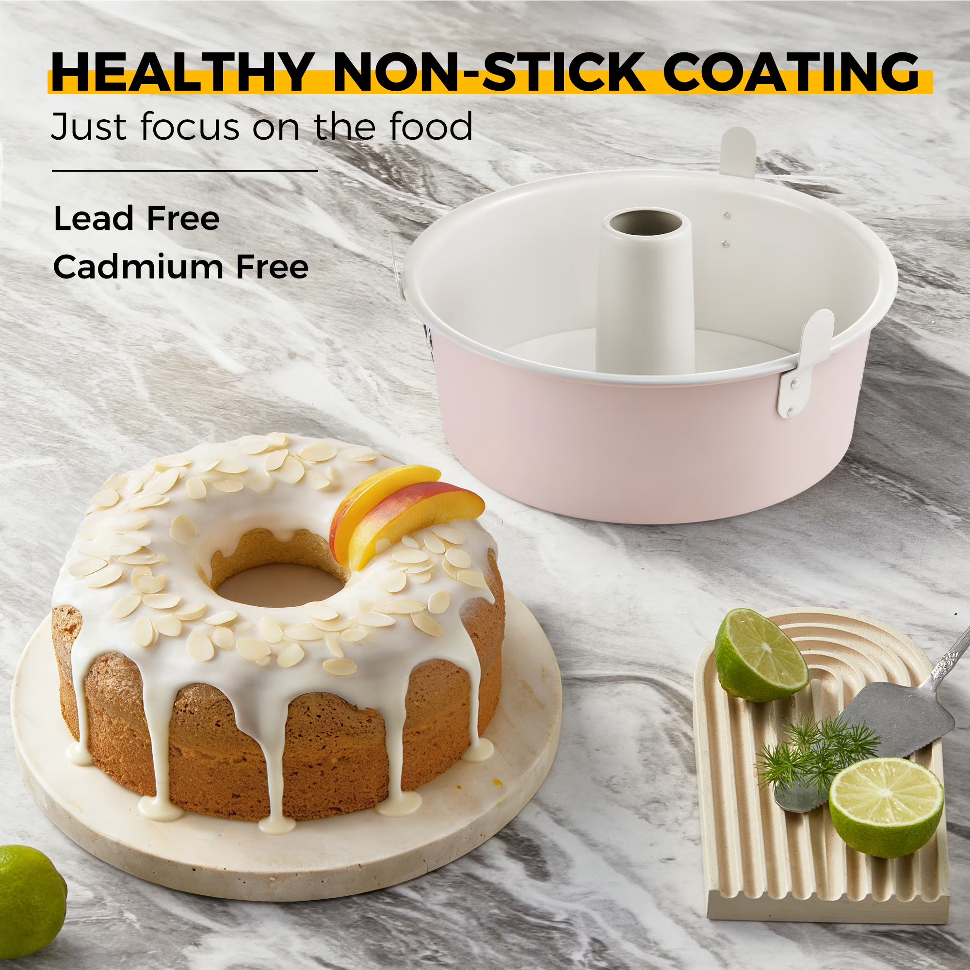 HONGBAKE Angel Food Cake Pan with Removable Bottom, 10 inch Carbon Steel Bundt Cake Pan for Baking, Non-stick Pound Tube Pans for Cakes, 16-Cup, Heavy Duty - Pink