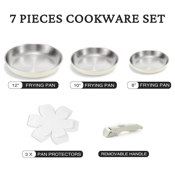 Kitexpert Stainless Steel Frying Pan Set, 8" 10" 12" Nonstick Skillet Pans with Removable Handle, Tri-Ply Cookware, Dishwasher & Oven Safe, Induction Compatible, Beige