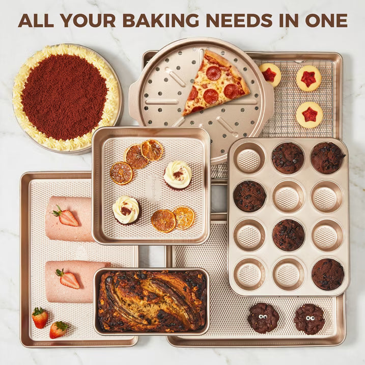 HONGBAKE 28-Piece Bakeware Set, Nonstick Baking Pans with Cookie Sheet & Rack, Cake Pan, Muffin Pan, Pizza Pan, Loaf Pan, Gold