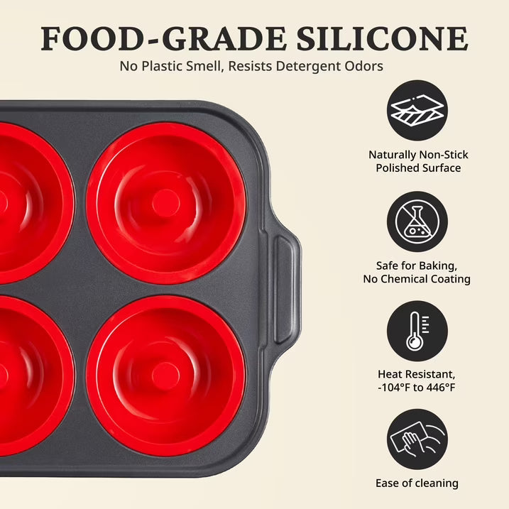 HONGBAKE Silicone Donut Pan for Baking with Metal Frame, 3.35 Inch Large doughnut pan,donut molds for baking Nonstick Non Toxic Bakeware for Oven, Red