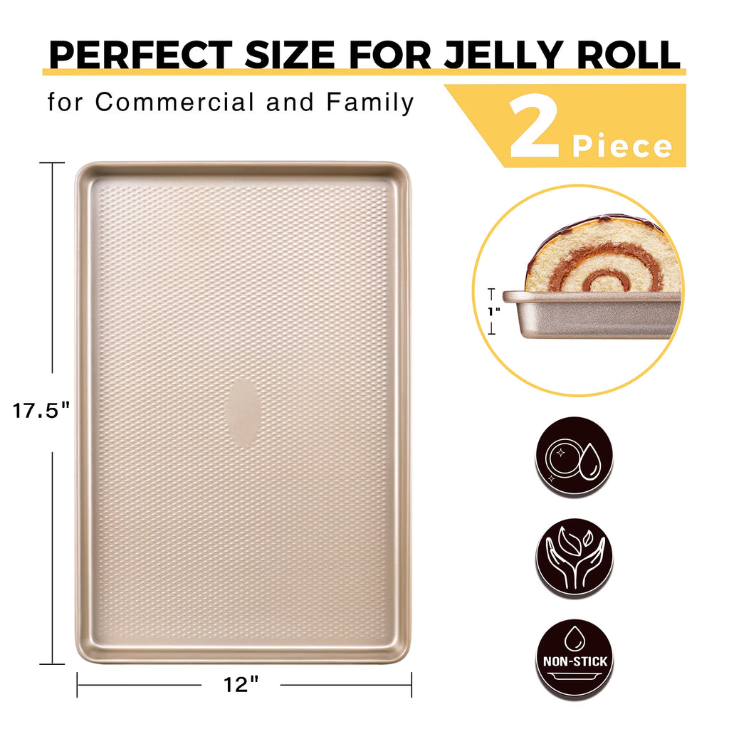 HONGBAKE Half Baking Sheet Pan with Diamond Texture, 2 Pack Non Stick Cookie Sheet for Baking , Heavy Duty Non Toxic Baking Pan for Oven, 17.6" x 12" Baking Trays, Gold