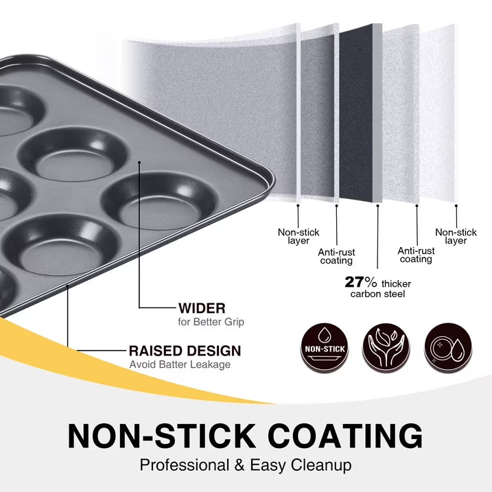 HONGBAKE Muffin Top Pan Nonstick, Non Toxic Mini Whoopie Pie Pan for Baking, 12 Cavity Heavy Duty Yorkshire Pudding Pan for Oven, Dishwasher Safe and Easy to Clean