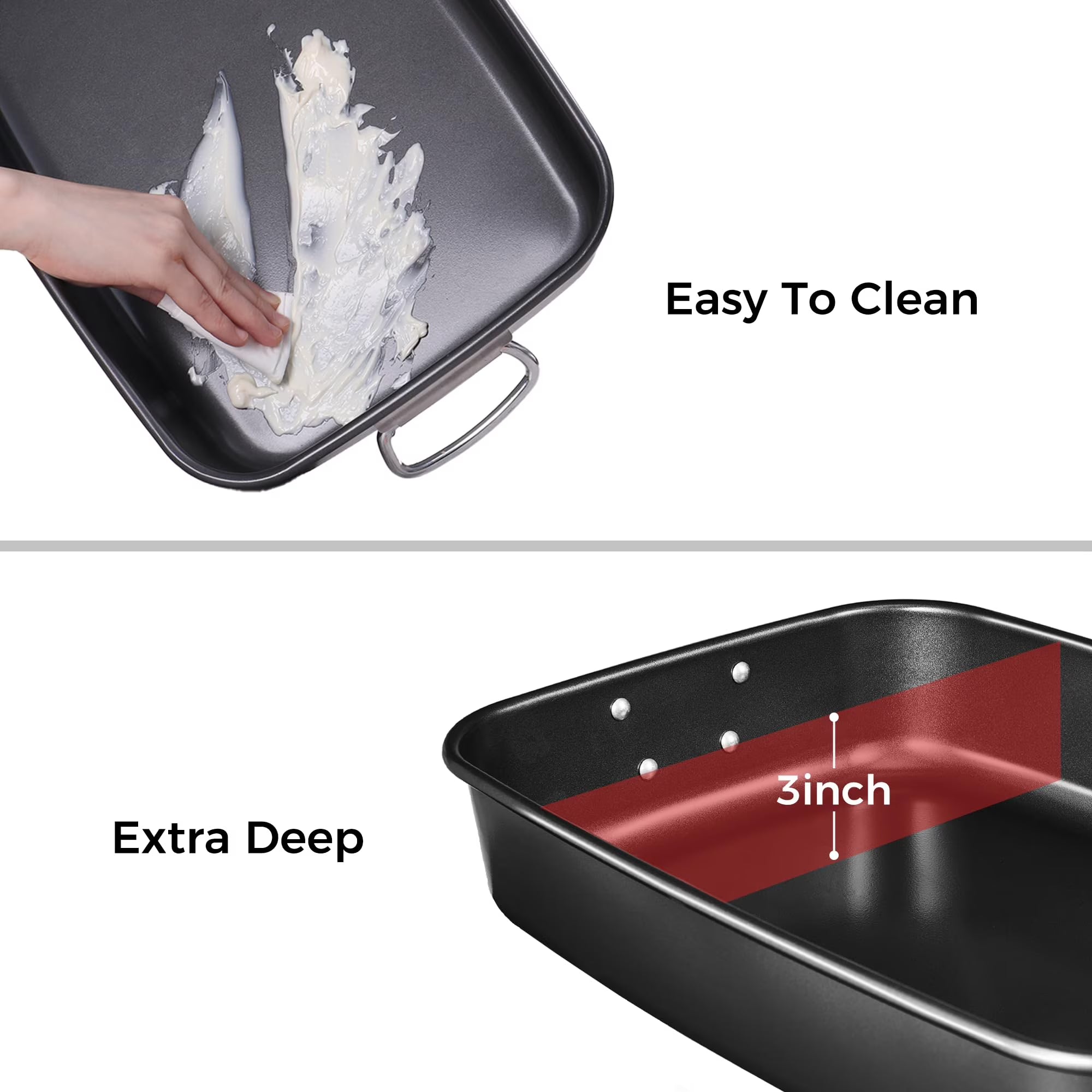 HONGBAKE Nonstick Lasagna Pan 3 Inch Deep, 9x13 Baking Pan, Rectangular Sheet Cake Pan, Roasting Pan for Oven with Stainless Steel Handles, Dishwarsher Safe, Dark Grey