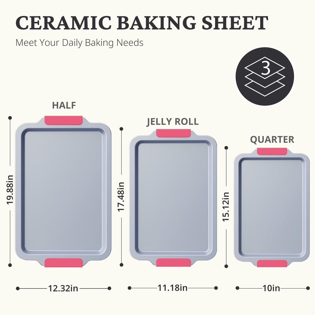HONGBAKE Non Toxic Ceramic Cookie Sheets for Baking, 3-piece Non Stick Baking Sheet Pans for Oven, Heavy Duty Aluminized Steel Baking Pans Set with Silicone Handles -Rose Red