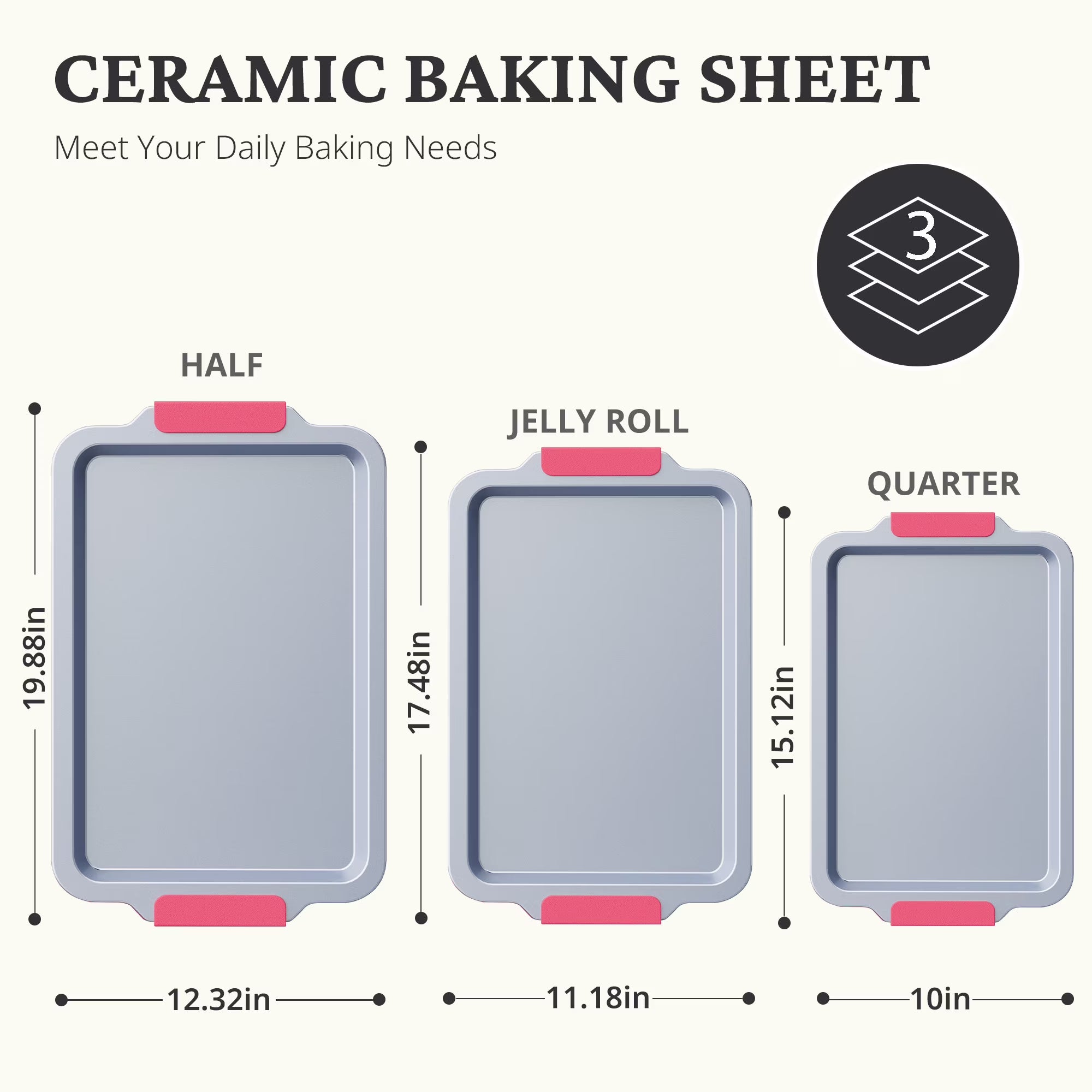 HONGBAKE Non Toxic Ceramic Cookie Sheets for Baking, 3-piece Non Stick Baking Sheet Pans for Oven, Heavy Duty Aluminized Steel Baking Pans Set with Silicone Handles -Rose Red
