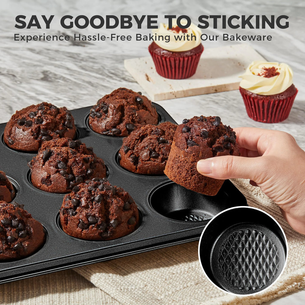 HONGBAKE 9-Piece Baking Pans Set Nonstick, Stackable Non Toxic Bakeware Sets with Diamond Texture, Oven Pan Set for Cooking, Includes Cookie Sheet with Rack, Cake Pan, Roasting Pan, Muffin Pan, Grey