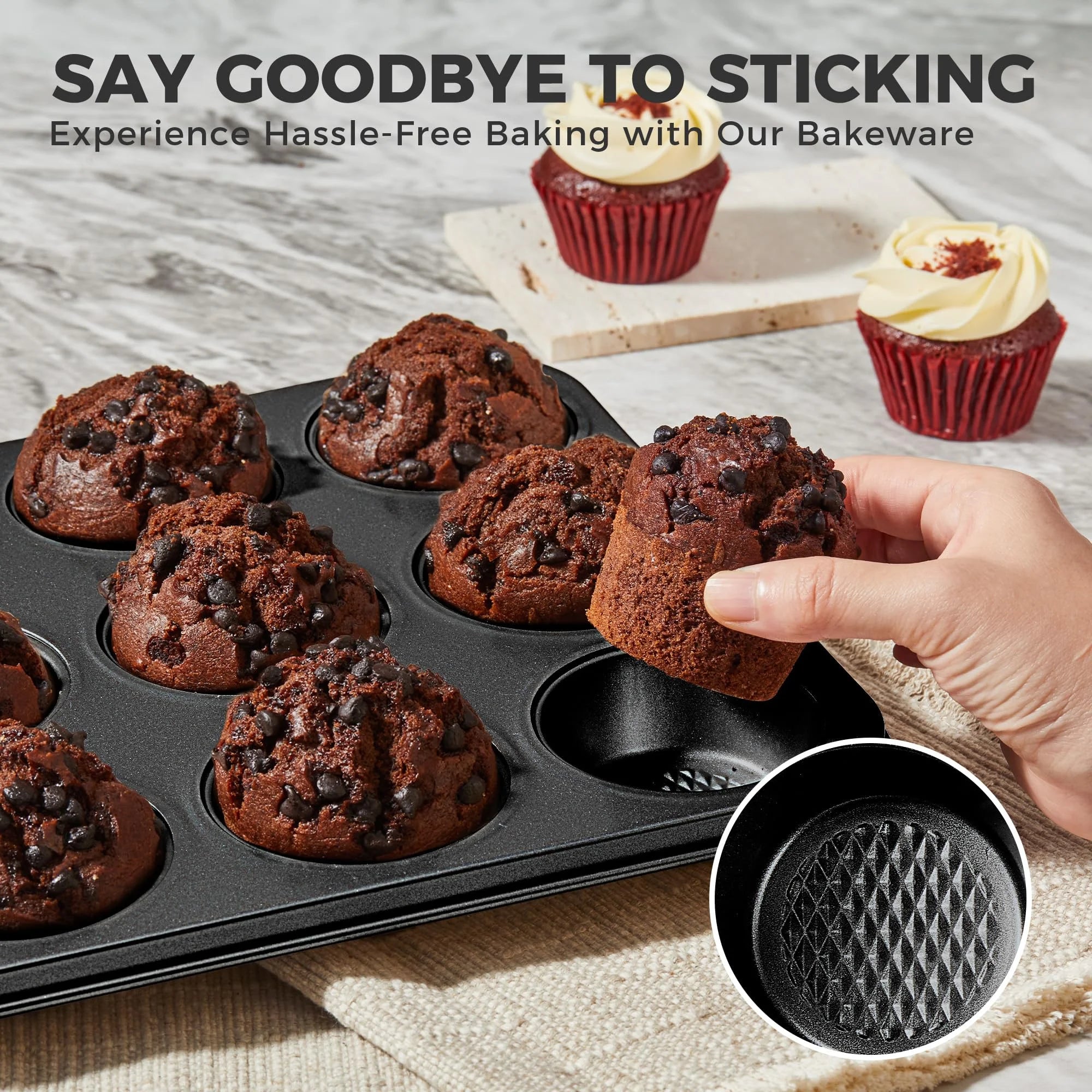 HONGBAKE 9-Piece Baking Pans Set Nonstick, Stackable Non Toxic Bakeware Sets with Diamond Texture, Oven Pan Set for Cooking, Includes Cookie Sheet with Rack, Cake Pan, Roasting Pan, Muffin Pan, Grey