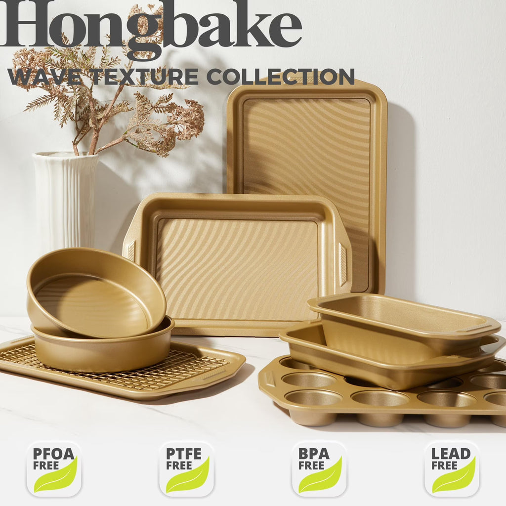 HONGBAKE 9-Piece Non Stick Bakeware Sets with Wave Texture for Reduced Grease, 0.8mm Thick Non Toxic Baking Pans Set, Includes Stackable Cookie Sheets for Oven, Gold