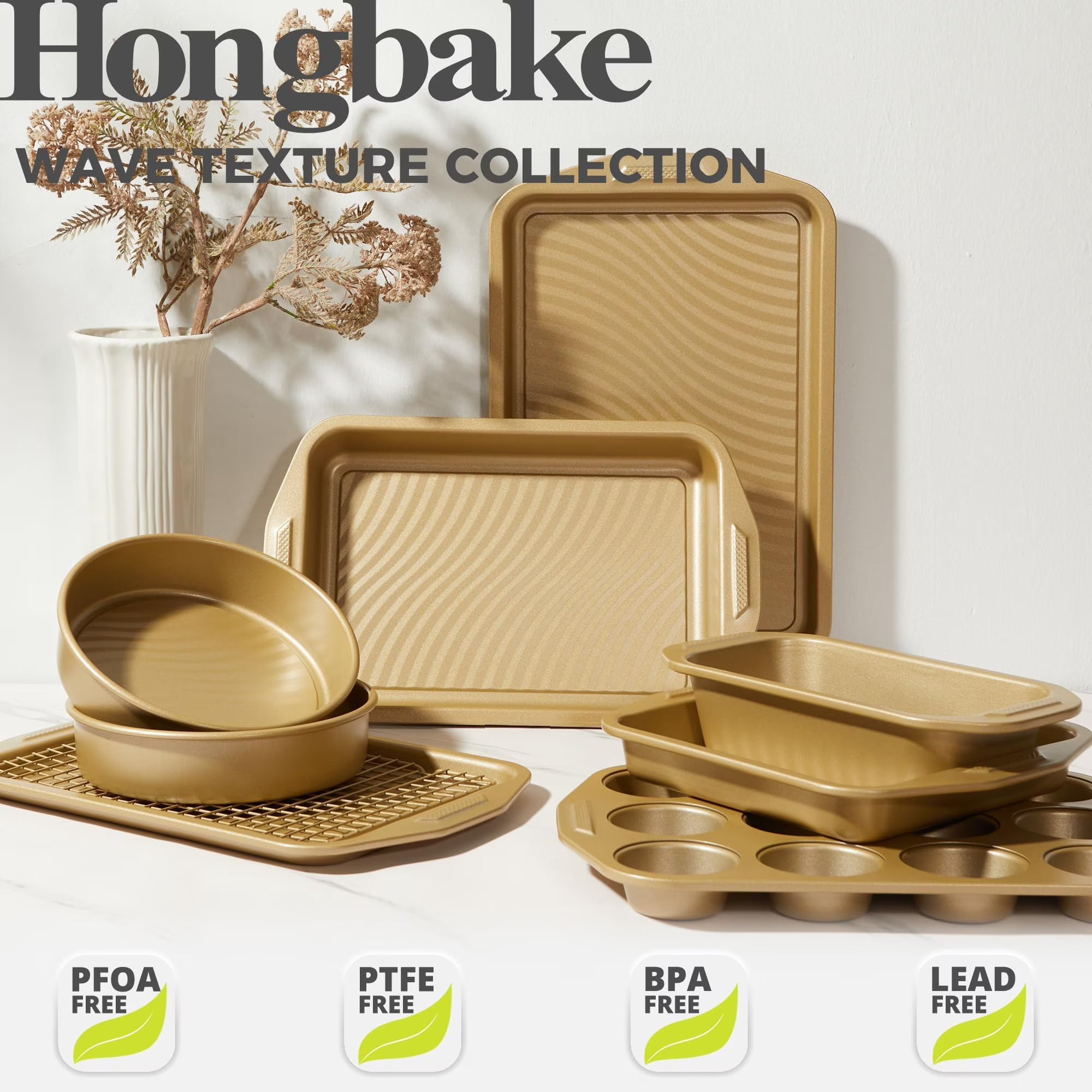 HONGBAKE 9-Piece Non Stick Bakeware Sets with Wave Texture for Reduced Grease, 0.8mm Thick Non Toxic Baking Pans Set, Includes Stackable Cookie Sheets for Oven, Gold