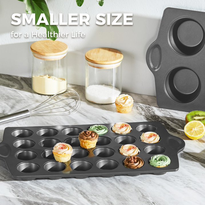 HONGBAKE Mini 24 Ceramic Muffin Pan Set, Nonstick Cupcake Pans with Ear Shaped Wider Grips, Non-toxic, Heavy-duty Small Cheesecake Tray, Gray